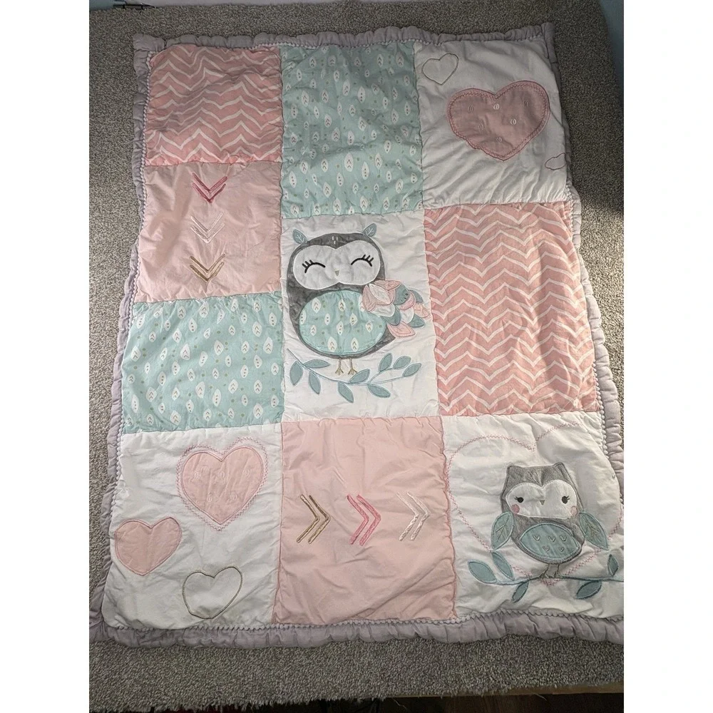 Handmade Baby Quilt Owl Patchwork Pink Aqua Nursery‎ Crip Lap 42x32